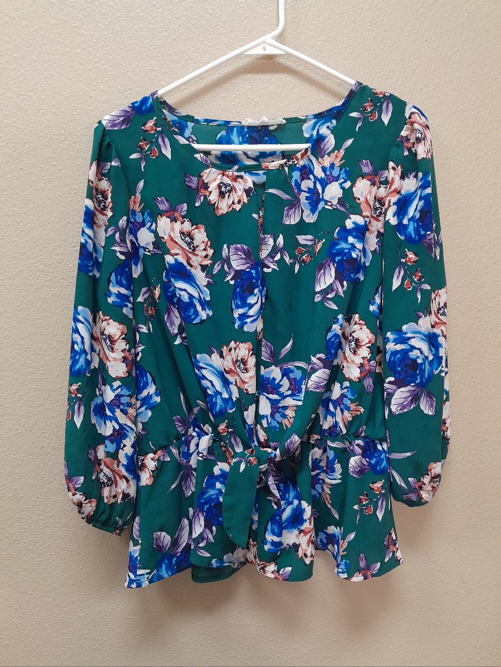 PerSeption Concept Emerald Green Floral Tie-Front Blouse Size:L  Perseption